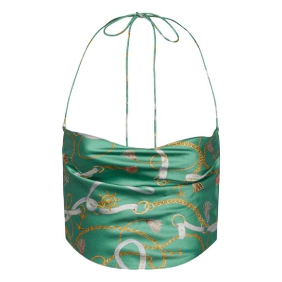 SER.O.YA Ellison Nautical Print Silk Crop Top Green Halter Cowl Neck Sleeveless - Picture 2 of 7